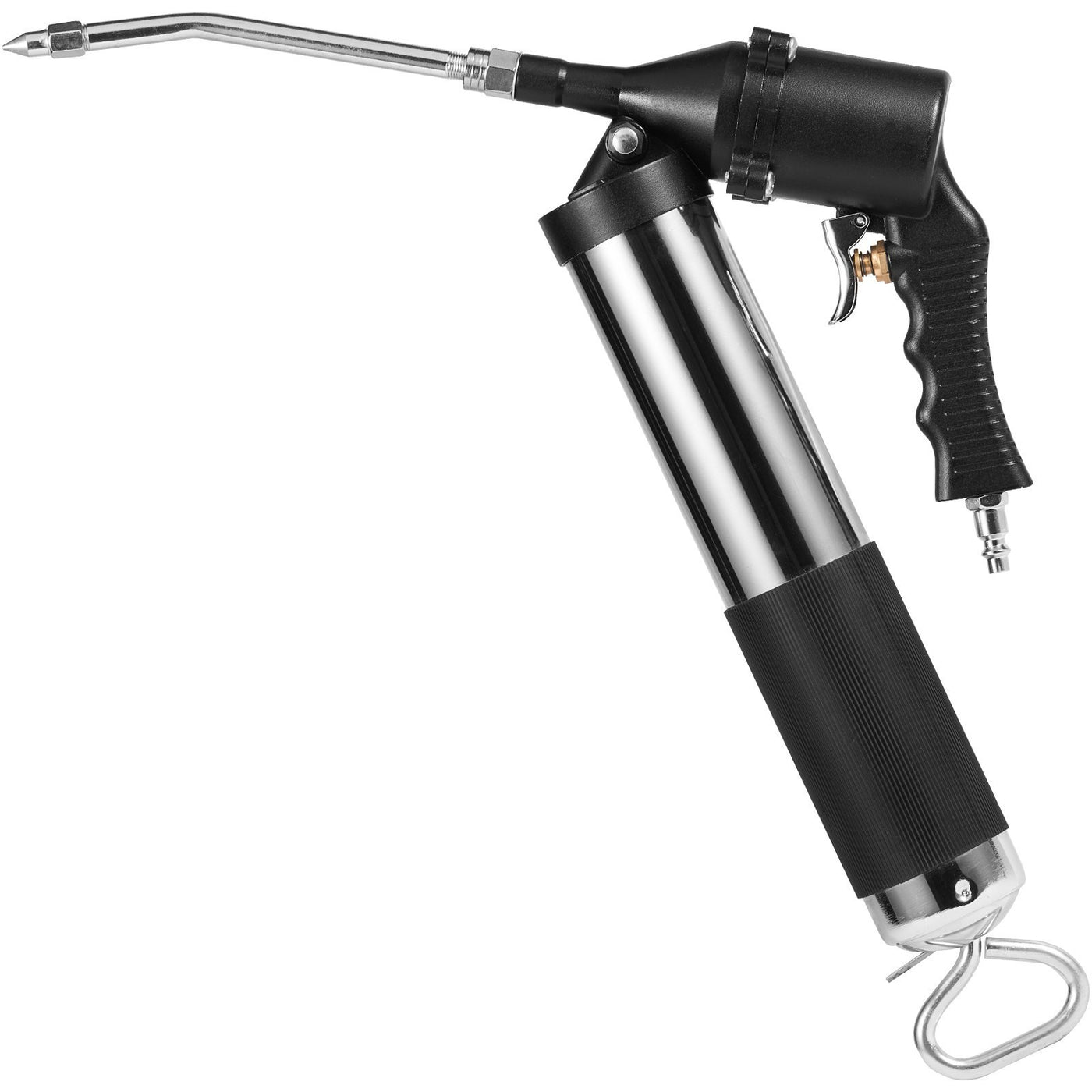 Capacity Heavy Duty Pneumatic Grease Gun, With 18.5 Inch Flexible Hose, 1 Black Flat Coupler Pointed Coupler Bent Metal Pipe Locking Clamp Coupler