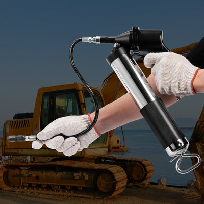 Capacity Heavy Duty Pneumatic Grease Gun, With 18.5 Inch Flexible Hose, 1 Black Flat Coupler Pointed Coupler Bent Metal Pipe Locking Clamp Coupler