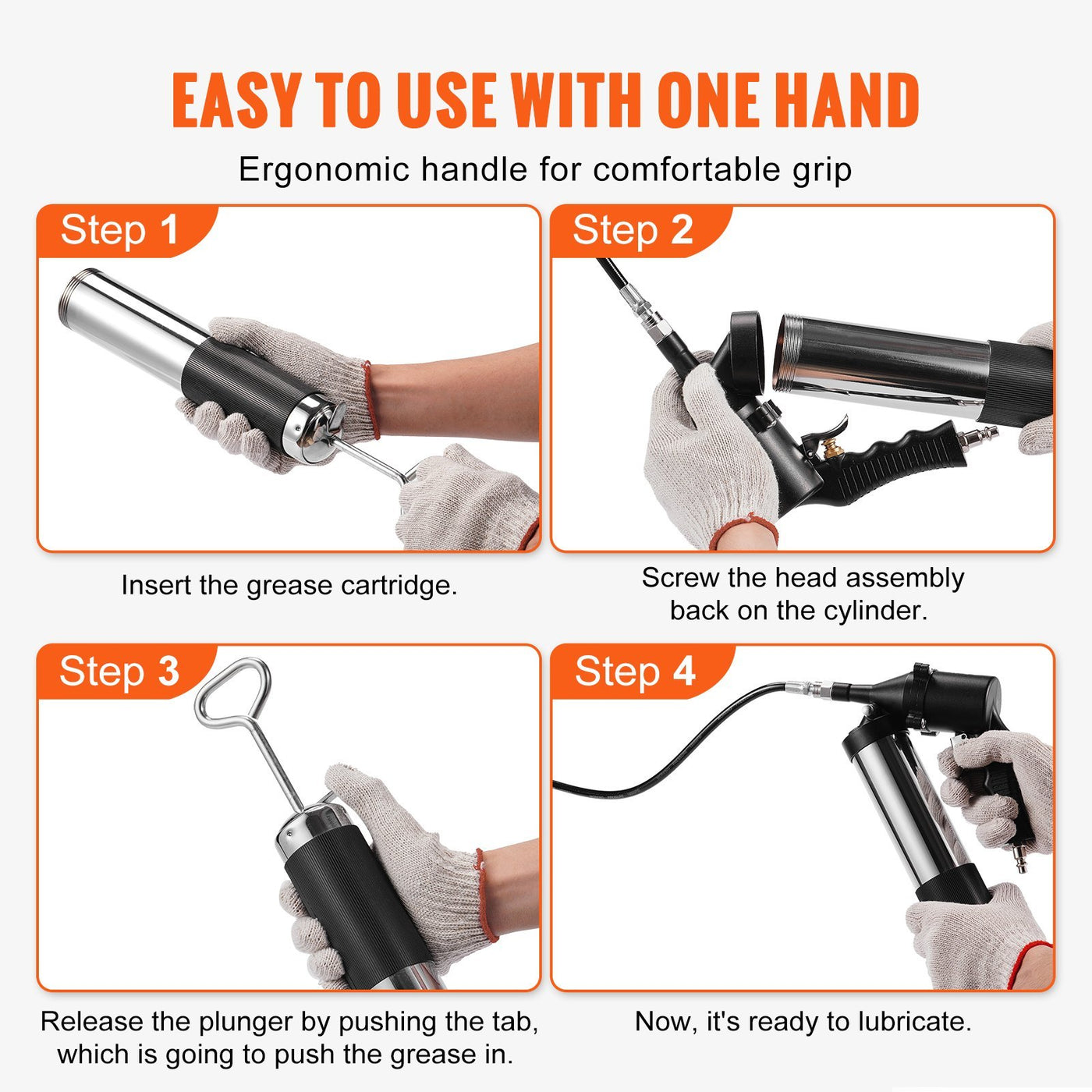 Capacity Heavy Duty Pneumatic Grease Gun, With 18.5 Inch Flexible Hose, 1 Black Flat Coupler Pointed Coupler Bent Metal Pipe Locking Clamp Coupler