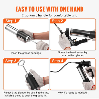 Capacity Heavy Duty Pneumatic Grease Gun, With 18.5 Inch Flexible Hose, 1 Black Flat Coupler Pointed Coupler Bent Metal Pipe Locking Clamp Coupler