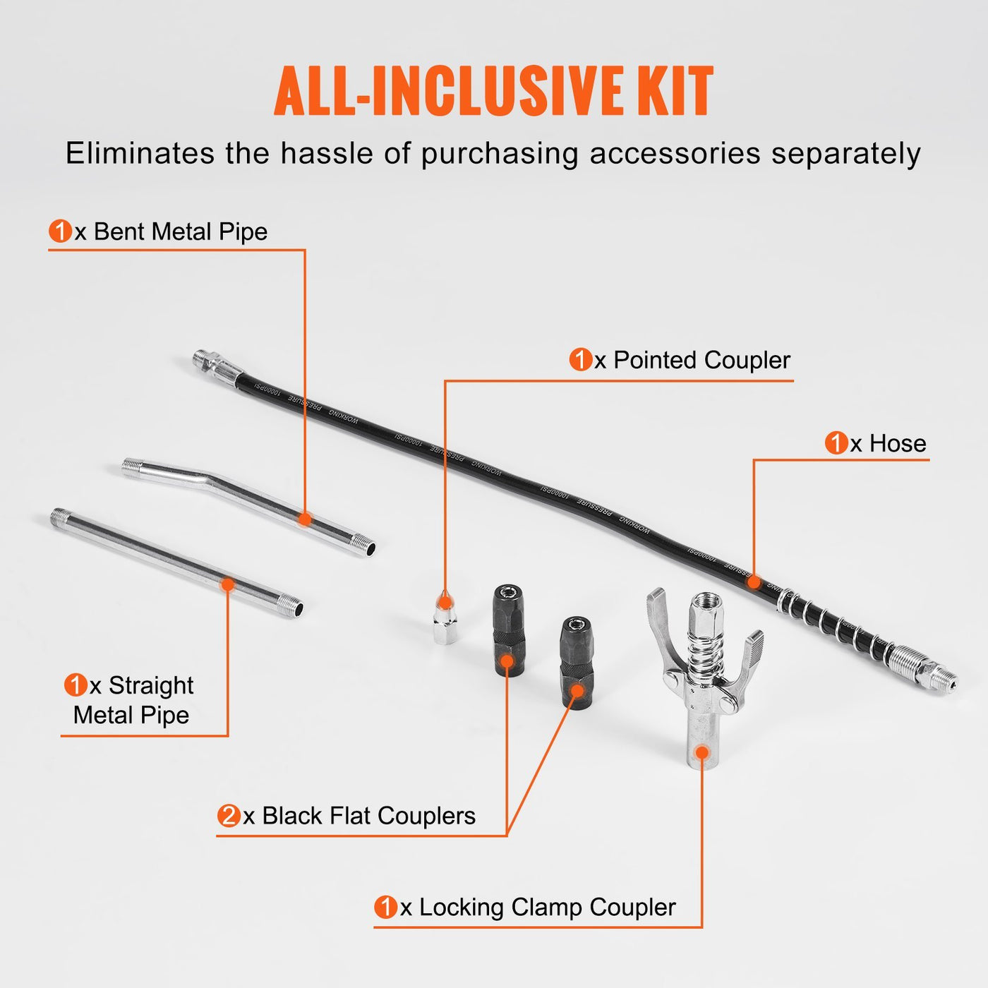 Capacity Heavy Duty Pneumatic Grease Gun, With 18.5 Inch Flexible Hose, 1 Black Flat Coupler Pointed Coupler Bent Metal Pipe Locking Clamp Coupler