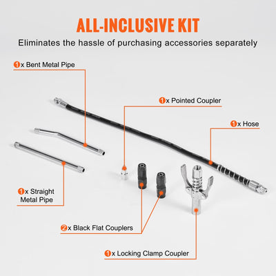 Capacity Heavy Duty Pneumatic Grease Gun, With 18.5 Inch Flexible Hose, 1 Black Flat Coupler Pointed Coupler Bent Metal Pipe Locking Clamp Coupler